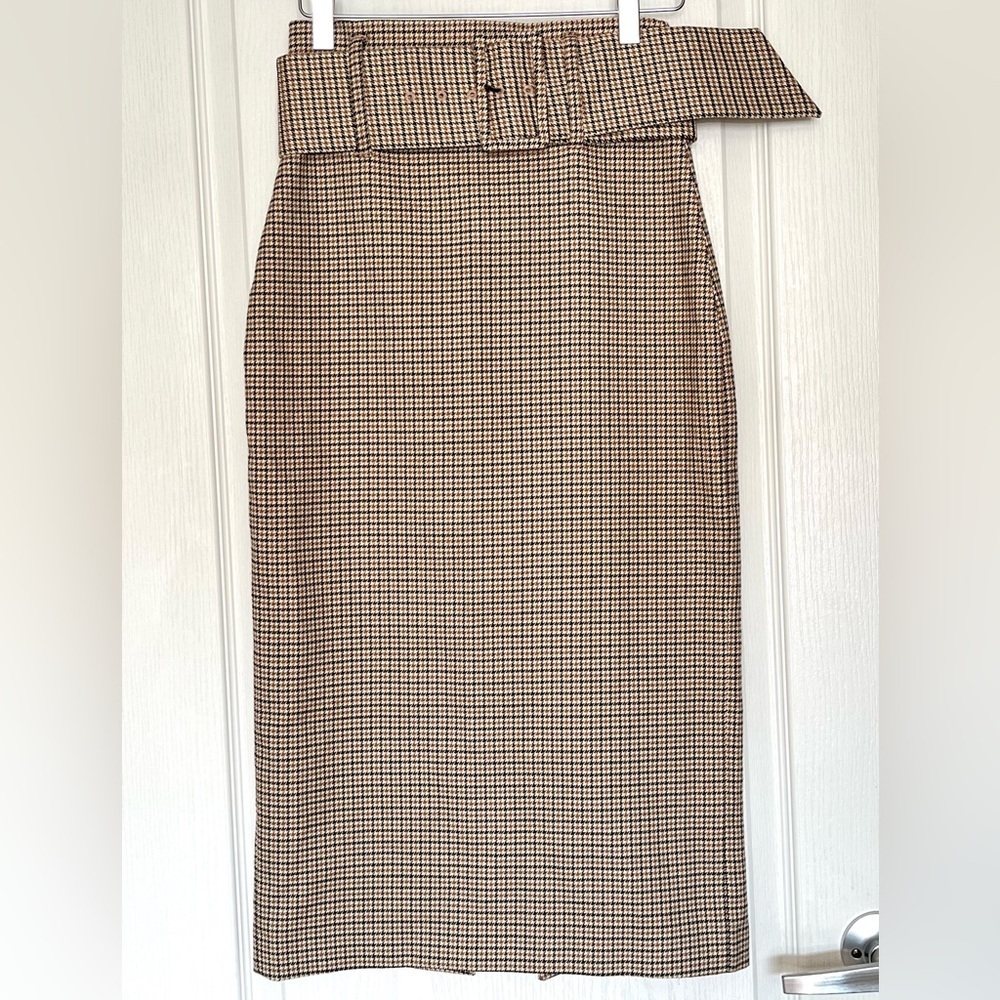 ZARA Houndstooth Plaid High Waisted Midi Pencil Skirt w/ Belt, XS Dark Academia